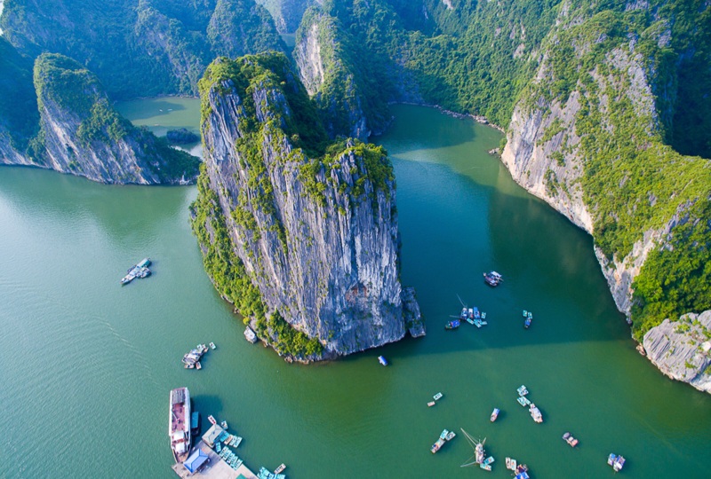 Beautiful seascape with sea and mountain from high view in Halong bay, Vietnam.